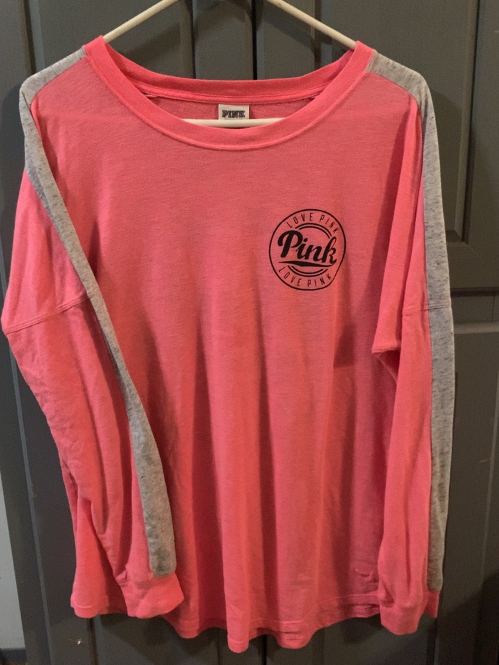 PINK Victoria's Secret Girls' Long Sleeve Pink Crewneck with Gray Sleeve Stripes